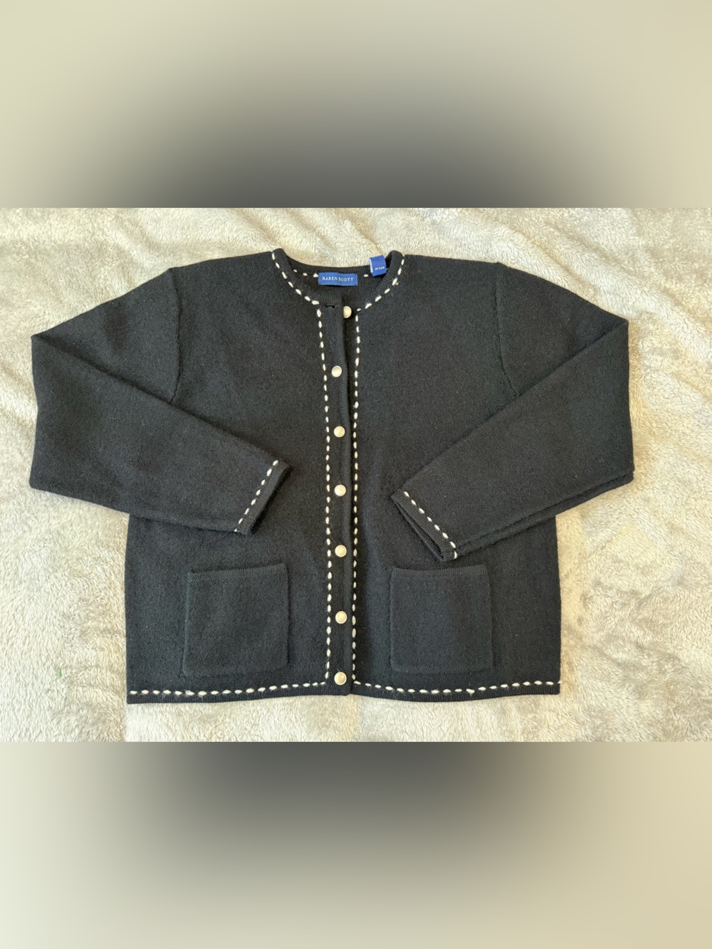 Karen Scott Black Knit Button-Front Jacket with White Stitching